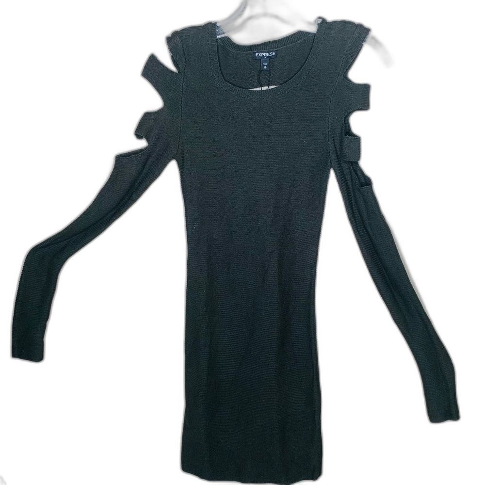 Vintage Express Grunge Sweater Dress XS Olive Green Distressed Back Bodycon Knit - Picture 2 of 9
